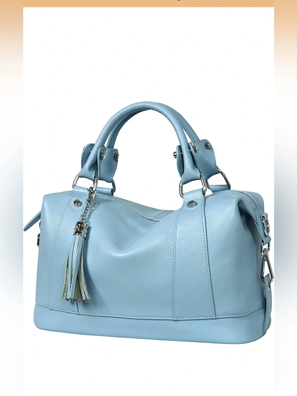 Light Blue Leather Satchel Handbag with Tassel